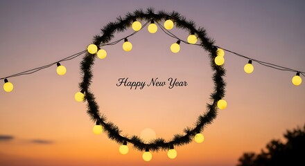 Oval shaped christmas garland with glowing lights and happy new year text isolated on white background