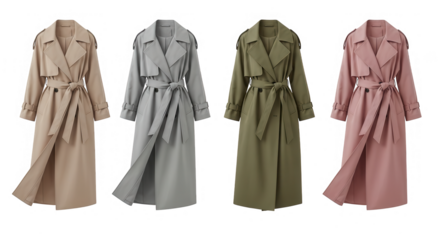 Four classic trench coats in beige, grey, olive, and pink isolated on transparent background