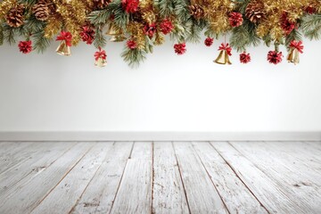 Festive christmas garland with red ornaments and golden bells hanging above a rustic wooden floor