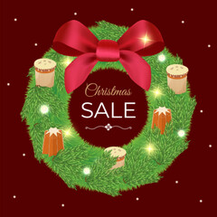 Christmas wreath banner with realistic fir branches, red bow, lights and Italian panettone and pandoro cakes. Burgundy background with editable text Sale area in center. Vector template design