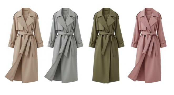 Four classic trench coats in beige, grey, olive, and pink isolated on transparent background