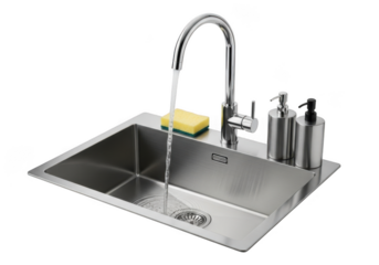 Metal sink with water and sponge isolated on transparent background