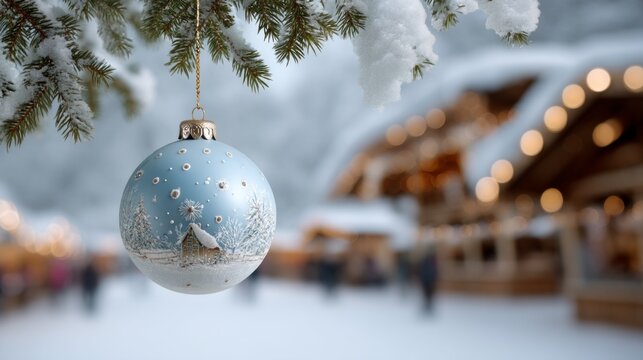 A blue ornament hangs from a tree branch. The ornament is decorated with snowflakes and a house. The scene is set in a snowy area with people walking around