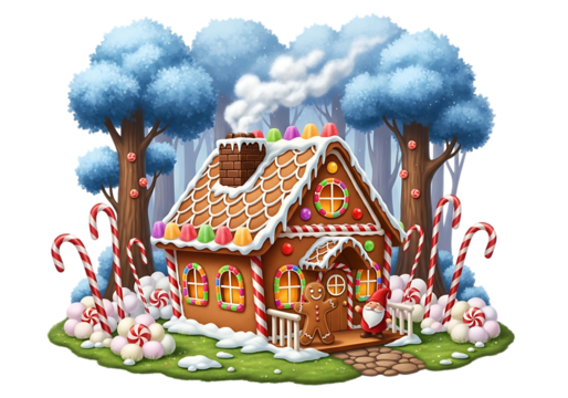 A gingerbread house in a winter wonderland scene