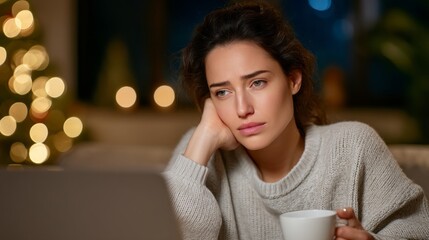 A woman is sitting on a couch with a laptop in front of her. She is holding a cup and looking at the screen. The scene is set in a living room with a Christmas tree in the background