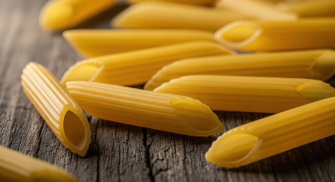 Uncooked penne pasta pieces scattered on a rustic wooden table, ready for cooking a delicious meal