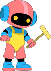 Obraz premium Futuristic AI delivery robot carrying a cardboard box while wearing a safety helmet in modern cartoon style illustration