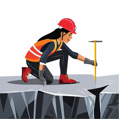 Female geologist examines rock formation with hammer in remote location, carefully studying geological features and rock composition with scientific precision.