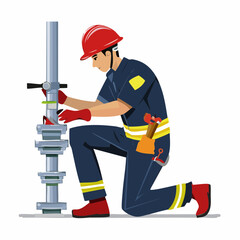 Technician in red helmet adjusting valves on industrial pipeline at construction site, ensuring safety and efficiency in a demanding work environment.