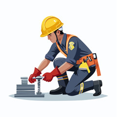 Construction worker wearing hard hat carefully assembling metal structure on white surface, showcasing precision and attention to detail in industrial setting.