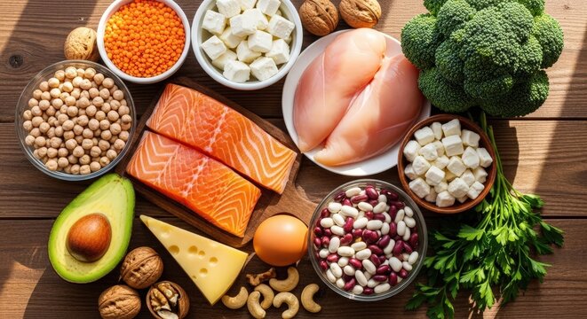 Assortment of protein rich healthy food items including fish, chicken, nuts, vegetables on wooden table on a bright sunny day