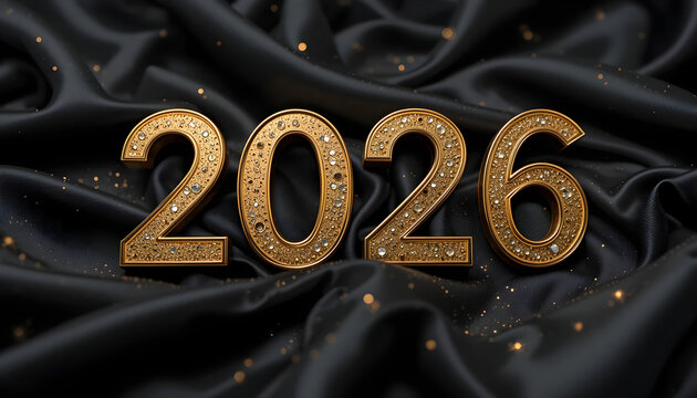 2026 gold numbers with diamonds on black silk fabric new year