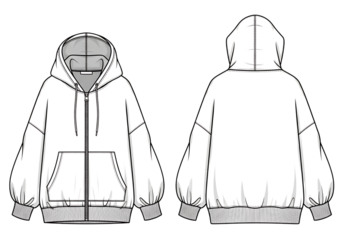 Technical sketch of a hooded zipper sweatshirt