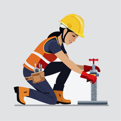 Female construction worker adjusting valve on pipeline at industrial site with safety gear and focused expression during routine maintenance.