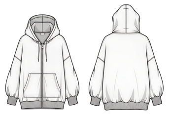 Front and back view of a white hoodie drawing