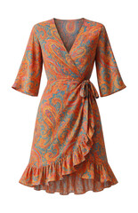 Obraz premium Wrap beach dress featuring a vibrant paisley pattern and ruffled hem.