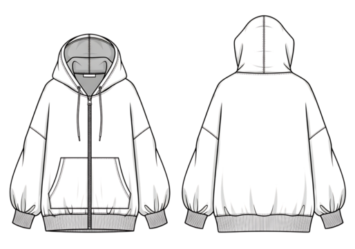 Technical sketch of a hooded zipper sweatshirt