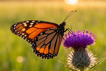 Obraz premium Vibrant Orange Butterfly Pollinating a Bright Purple Thistle Flower at Sunset