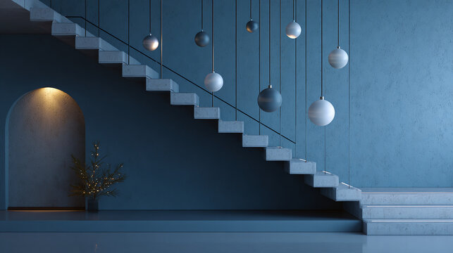 An interior shot showcases a modern staircase adorned with hanging spherical lights. The minimalist design evokes a sense of calm and sophistication