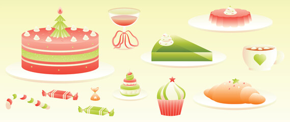 Christmas food set with seasonal sweets and serving gradient vector illustration. Happy winter celebration meal of cakes, jellies, wine, hot chocolate, candies, cupcakes, croissants and macarons.