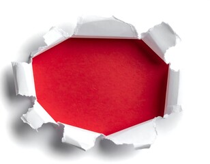 Close-up of ripped white paper revealing a red background. The edges are torn, casting a subtle shadow