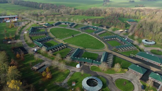Drone Footage Above World‑Class Equestrian Stables, Liveries and Race Tracks in Newmarket Horse Racing Town