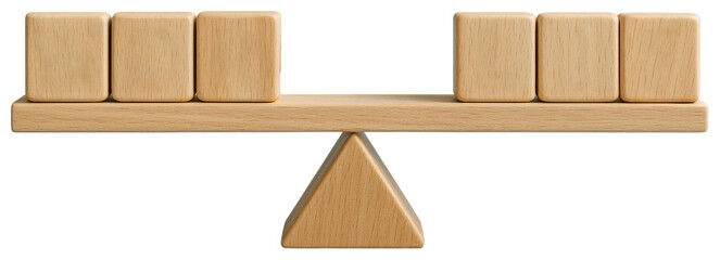 Wooden Blocks Balanced on a Seesaw Representing Equality or Equilibrium scale cubes isolated on a transparent background
