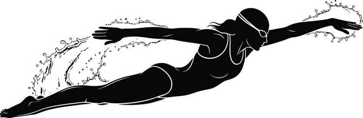 Swimmer silhouette in water with splash black and white