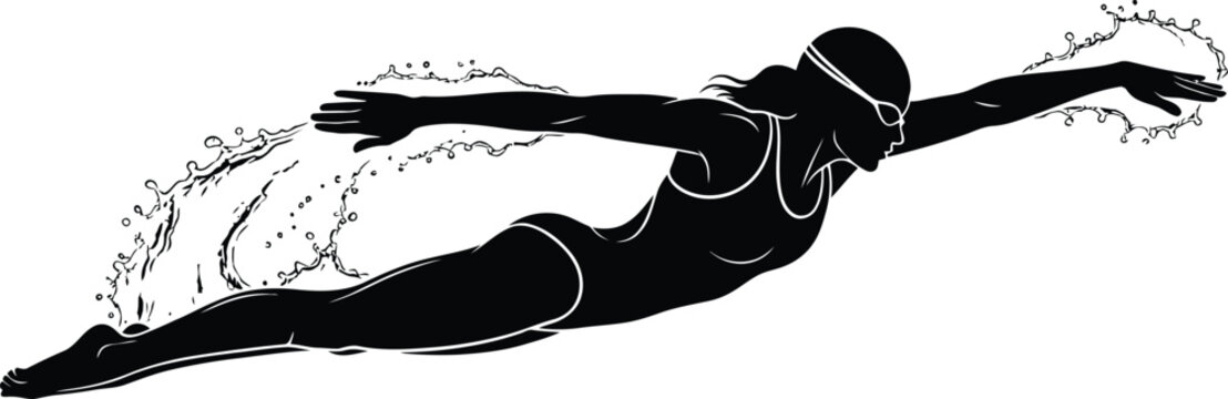 Swimmer silhouette in water with splash black and white