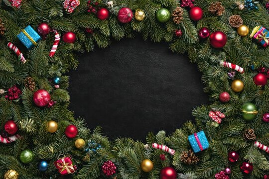 Festive christmas wreath with ornaments candy canes and gift boxes surrounding a dark center space - Powered by Adobe