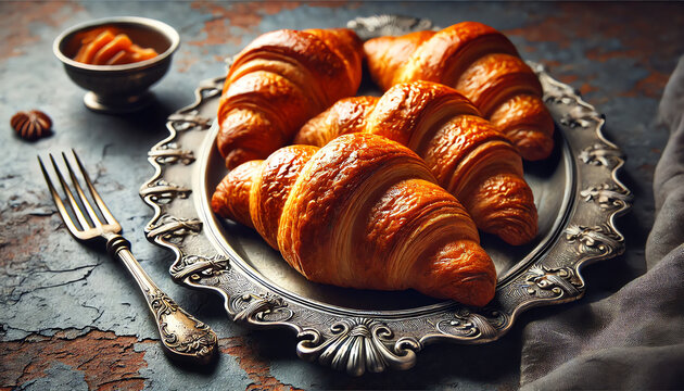 A close-up photograph of freshly baked croissants, golden brown with delicate, flaky layers