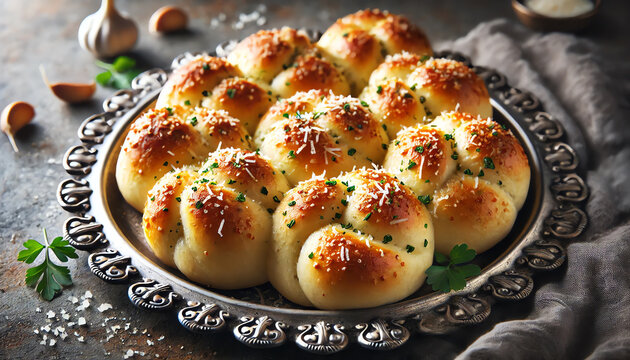 A close-up photograph of freshly baked garlic knots, golden brown and sprinkled with grated Parmesan cheese and finely chopped parsley