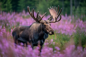 Wild Beauty Bull Moose Framed by Flourishing Fireweed