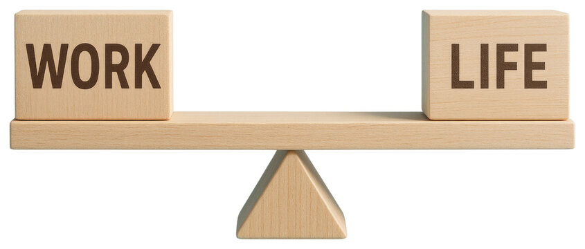 Wooden Blocks with WORK and LIFE Text Unbalanced on a Seesaw scale cubes isolated on a transparent background