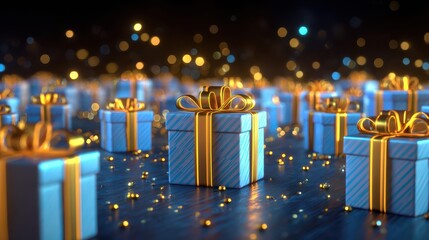 Festive blue gift boxes with golden ribbons on a sparkling background for holiday celebrations