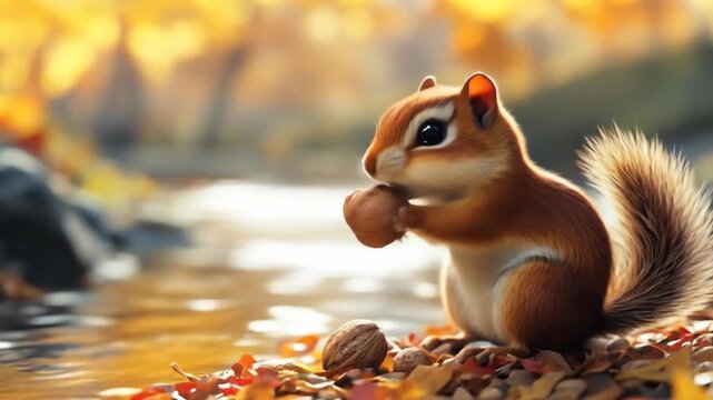 Cute squirrel holding nut in autumnal forest with colorful leaves