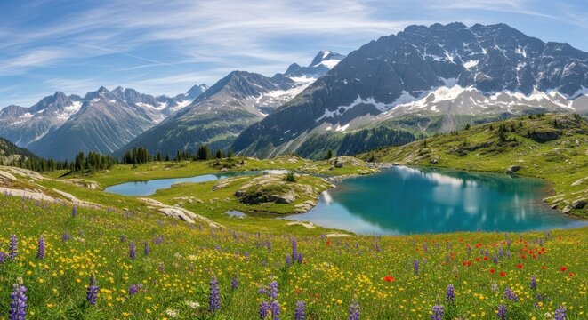 Idyllic mountain landscape with turquoise lake wildflowers in the foreground a serene nature scene for travel and outdoor adventures - Powered by Adobe