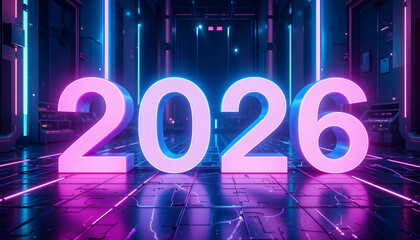 Bright pink and blue 2026 numbers in a digital futuristic environment year new year
