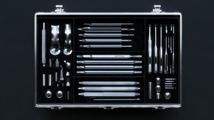 Set of tools in a black metal case. the case is rectangular in shape and has a handle on top for easy carrying.