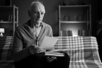 Senior man sad with grief memory his wife. Elderly widower lonely at home holding photo in depression has mental health problem
