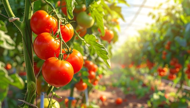 Close-up of vibrant red, ripe tomatoes on vine with green leaves. Sunlight streams through a greenhouse, illuminating more growing fruit