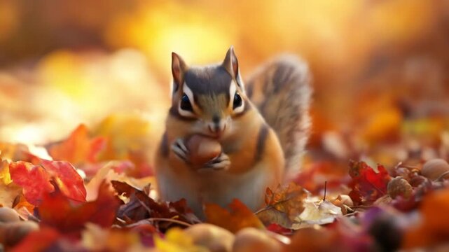 Cute squirrel holds nut surrounded by fall leaves sunlight bokeh nature