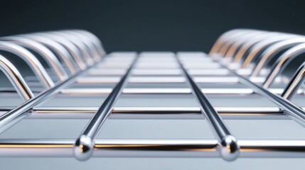Close-up of a metal rack with multiple rows of metal bars. the bars are arranged in a grid-like pattern, with each bar slightly overlapping the one below it.
