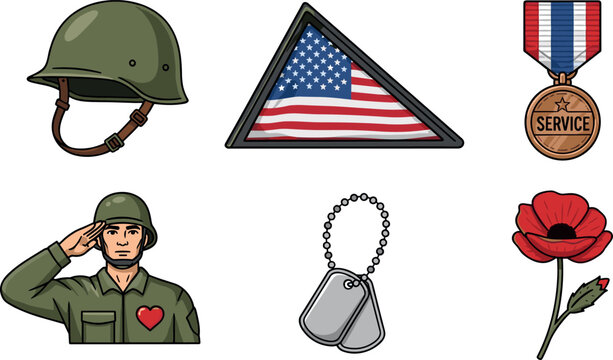 Veterans Day Icons: Soldier, Flag, Helmet, Dog Tags, Poppy, Medal - Powered by Adobe