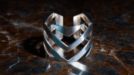 Close-up of a silver ring on a dark, textured surface. the ring appears to be made of metal and has a geometric design with a zigzag pattern.