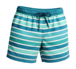 Striped swim trunks featuring an elastic waistband and adjustable drawstring.