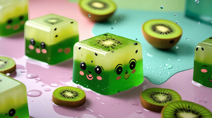 Delightful and whimsical kiwi jelly cubes with cute smiling kawaii faces, a sweet and playful fruit dessert creation