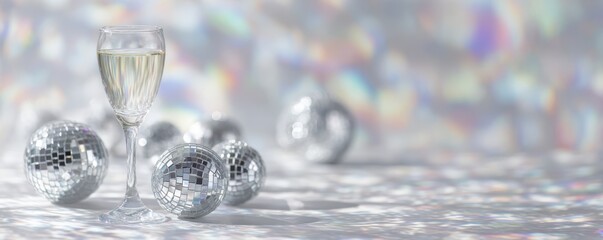 Festive celebration with champagne glass and silver disco balls in sparkling light