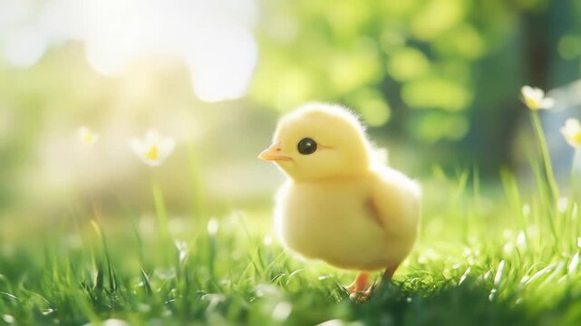 Cute yellow chick stands in green grass with soft sunlight outdoors