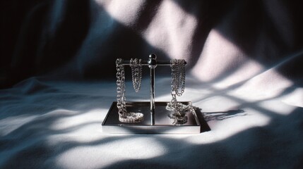 Jewelry stand on a white surface with a shadow cast on it. the stand is made of metal and has a rectangular base with a handle on top.